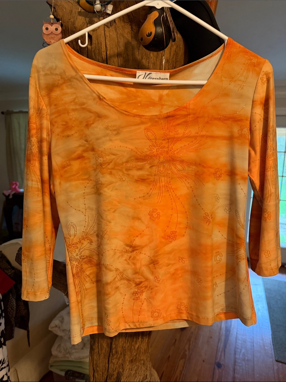 dressbarn Orange Tie-Dye Floral Scoop Neck Long Sleeve Top